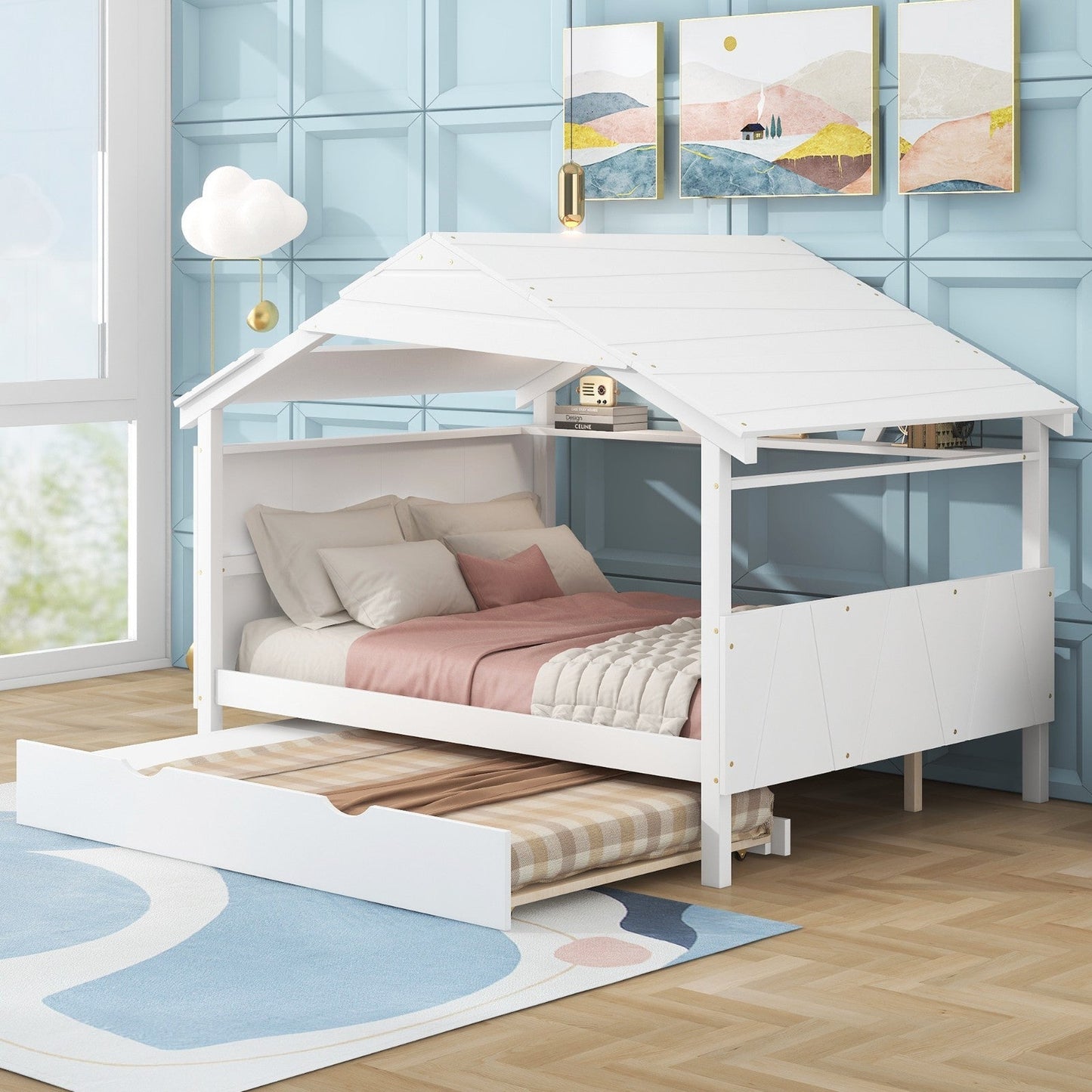 Wood Full Size House Bed with Twin Size Trundle and Storage