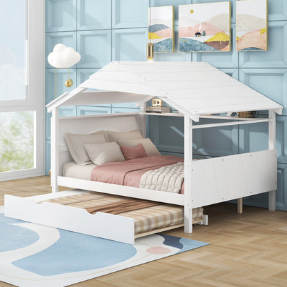 Wood Full Size House Bed with Twin Size Trundle and Storage
