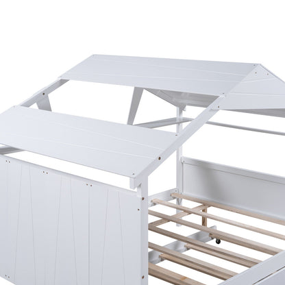 Wood Full Size House Bed with Twin Size Trundle and Storage
