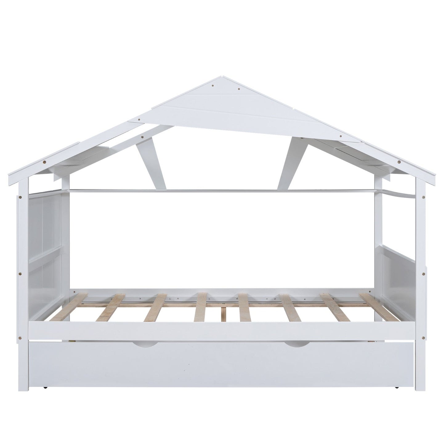 Wood Full Size House Bed with Twin Size Trundle and Storage
