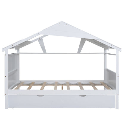Wood Full Size House Bed with Twin Size Trundle and Storage
