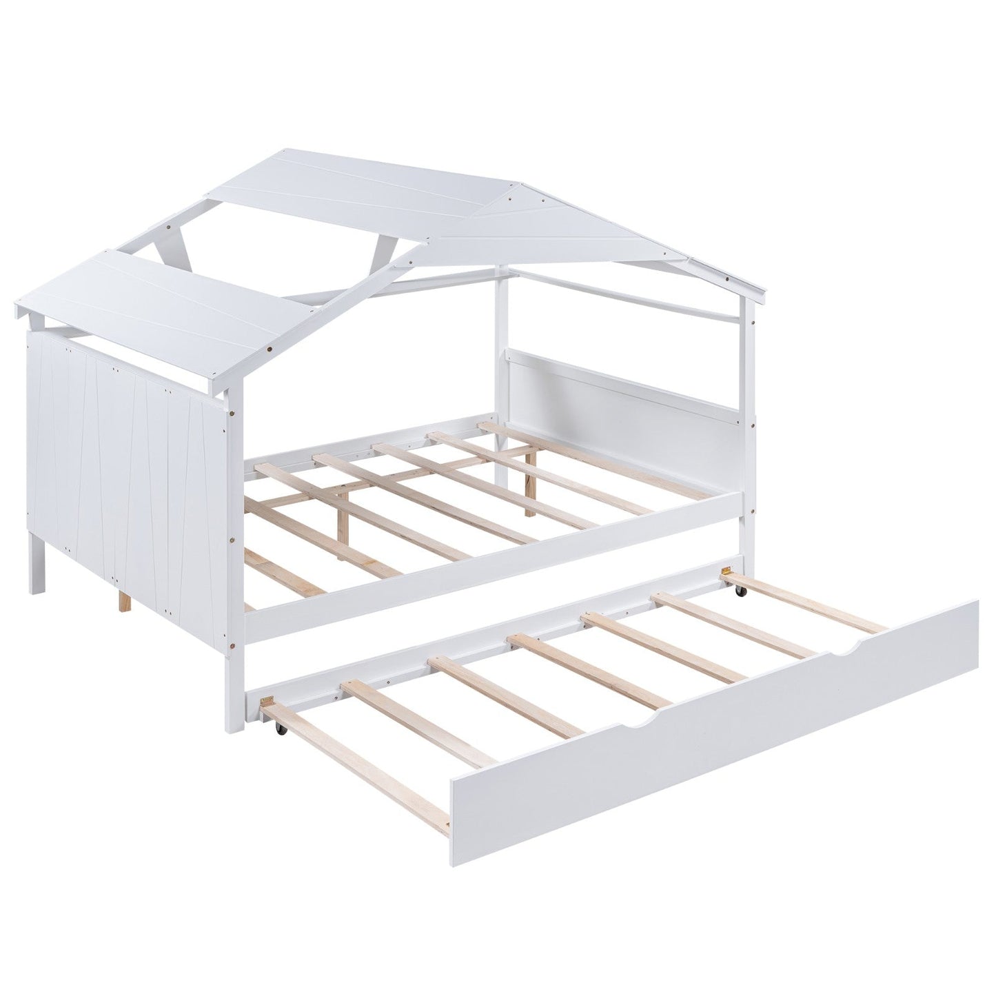 Wood Full Size House Bed with Twin Size Trundle and Storage