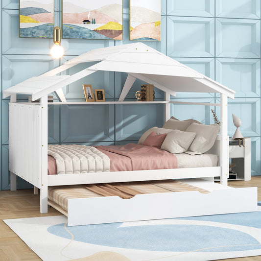 Wood Full Size House Bed with Twin Size Trundle and Storage