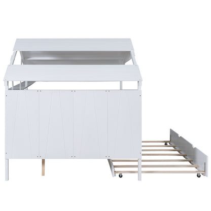 Wood Full Size House Bed with Twin Size Trundle and Storage