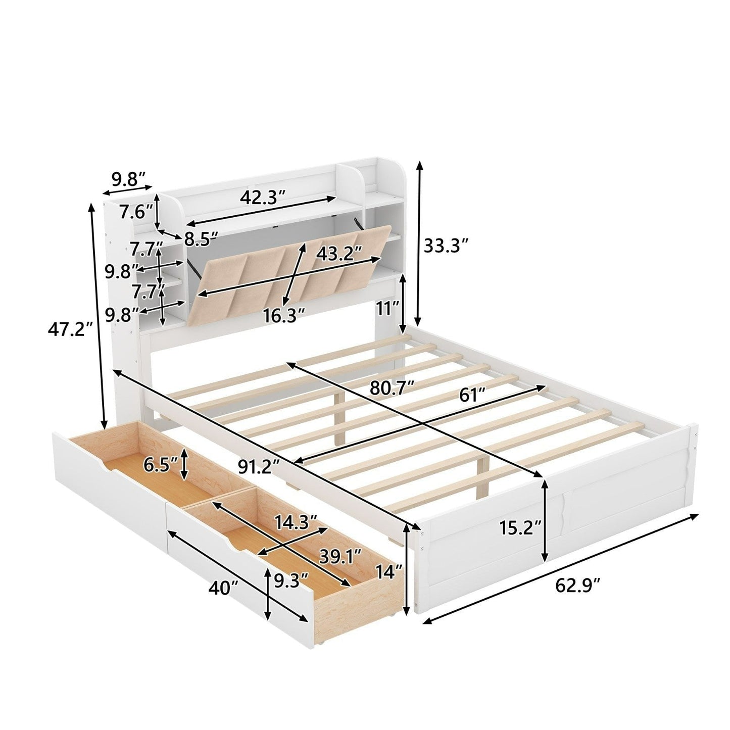 Wood Queen Size Platform Bed with Storage Headboard, Shelves, and 2 Drawers