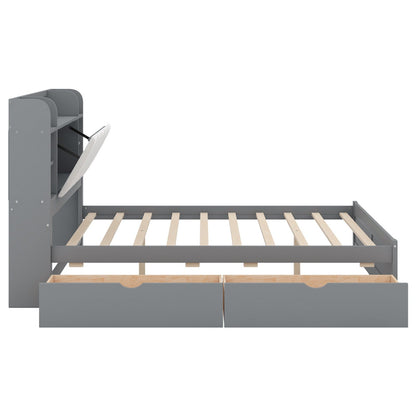 Wood Queen Size Platform Bed with Storage Headboard, Shelves, and 2 Drawers - Gear Elevation