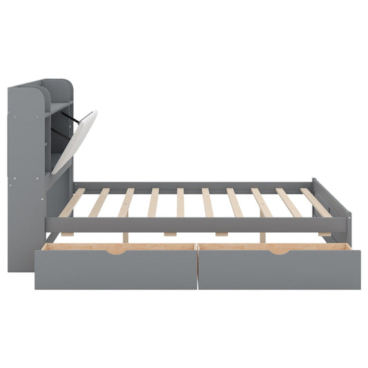 Wood Queen Size Platform Bed with Storage Headboard, Shelves, and 2 Drawers - Gear Elevation