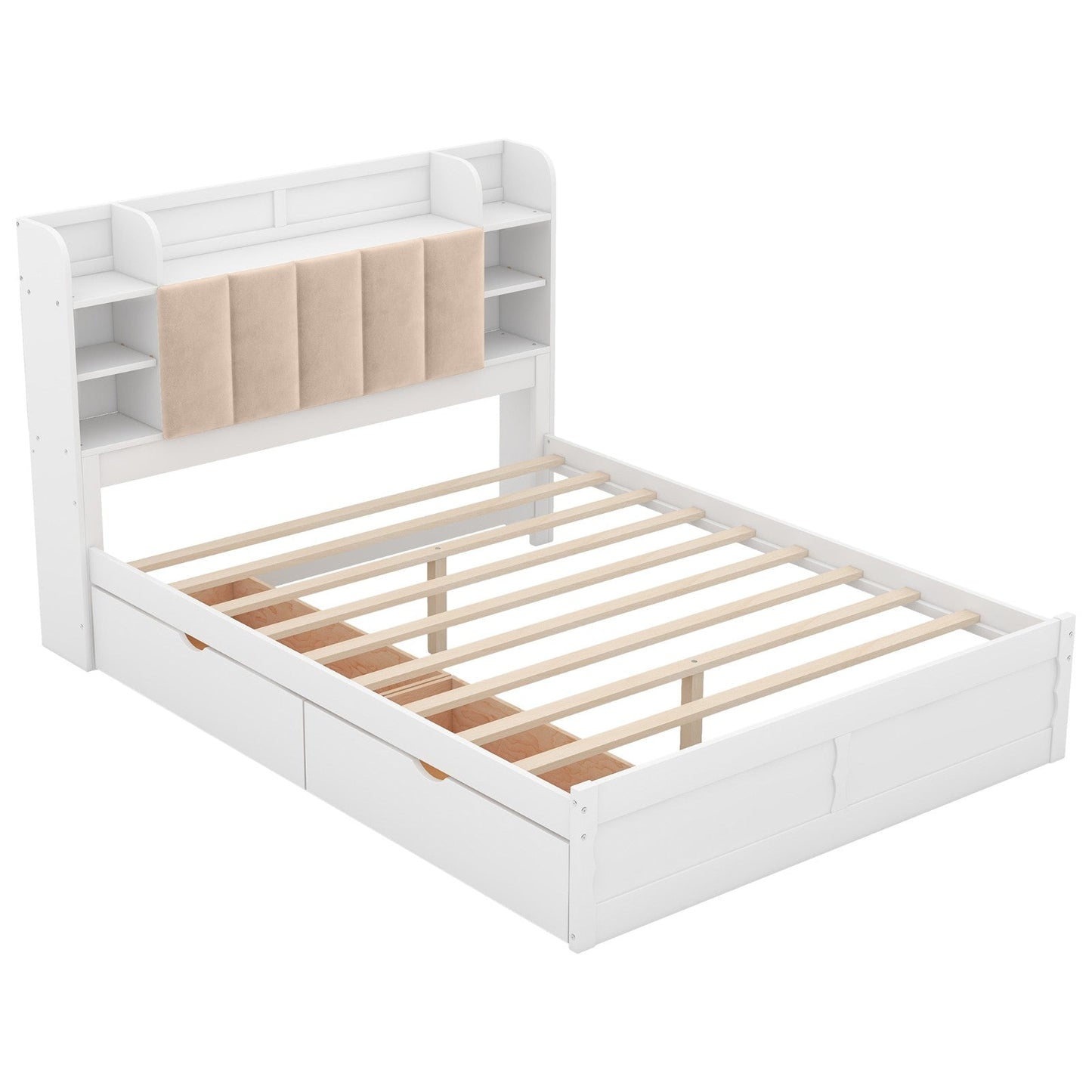 Wood Queen Size Platform Bed with Storage Headboard, Shelves, and 2 Drawers