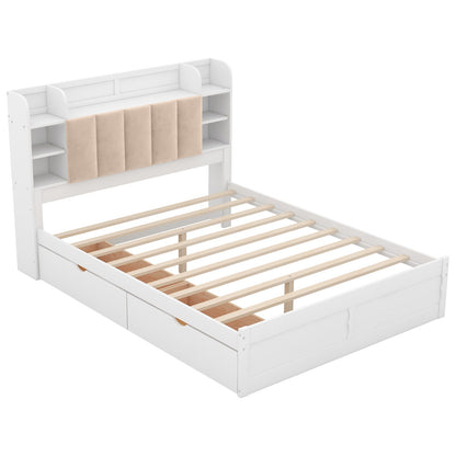 Wood Queen Size Platform Bed with Storage Headboard, Shelves, and 2 Drawers