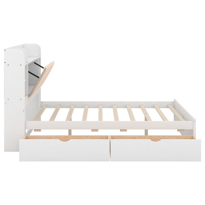 Wood Queen Size Platform Bed with Storage Headboard, Shelves, and 2 Drawers - Gear Elevation