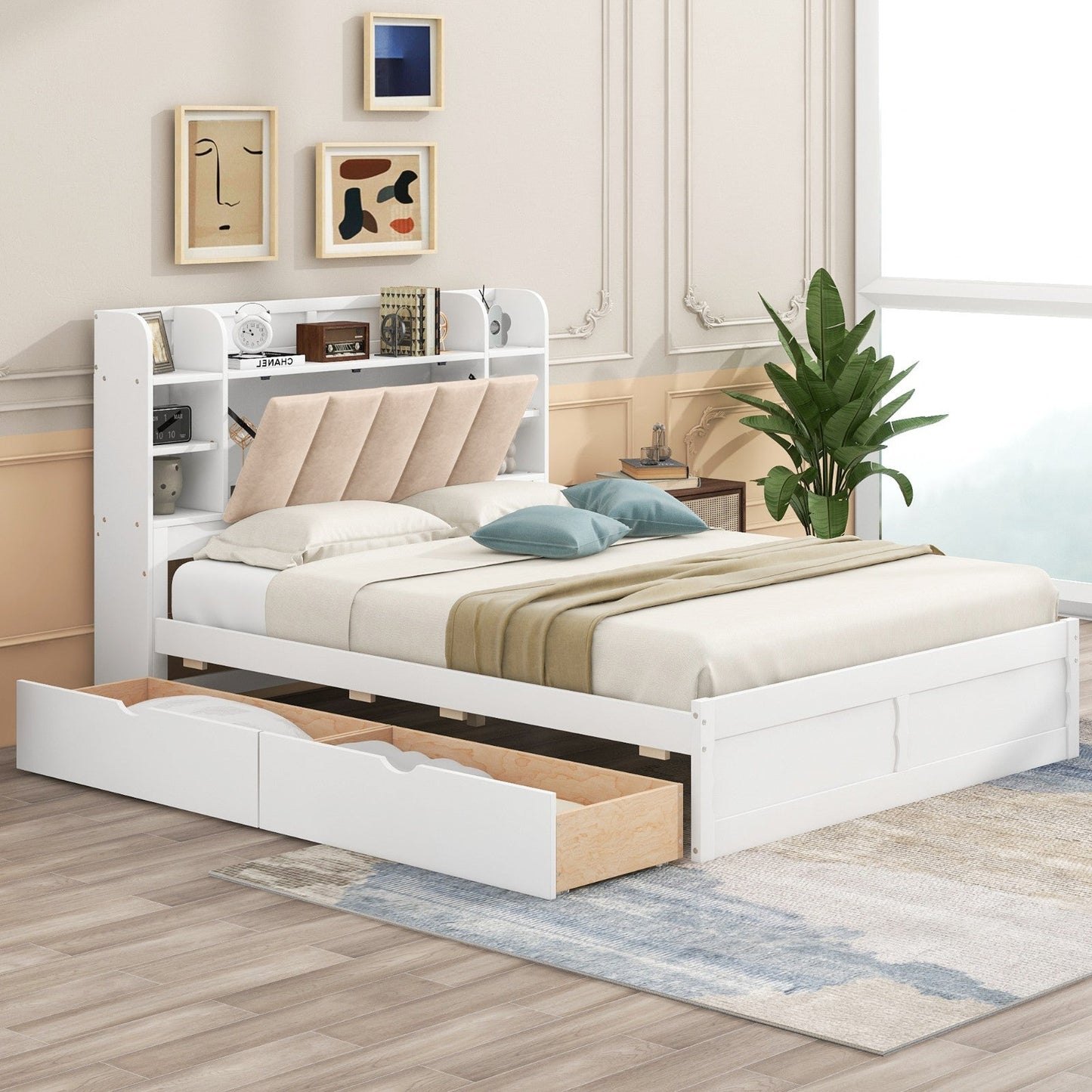 Wood Queen Size Platform Bed with Storage Headboard, Shelves, and 2 Drawers