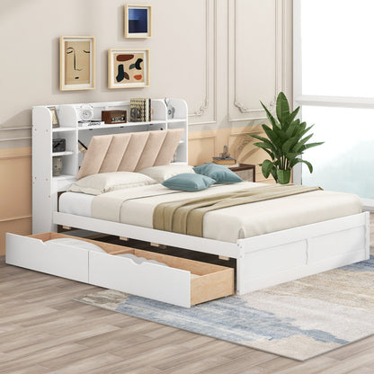 Wood Queen Size Platform Bed with Storage Headboard, Shelves, and 2 Drawers