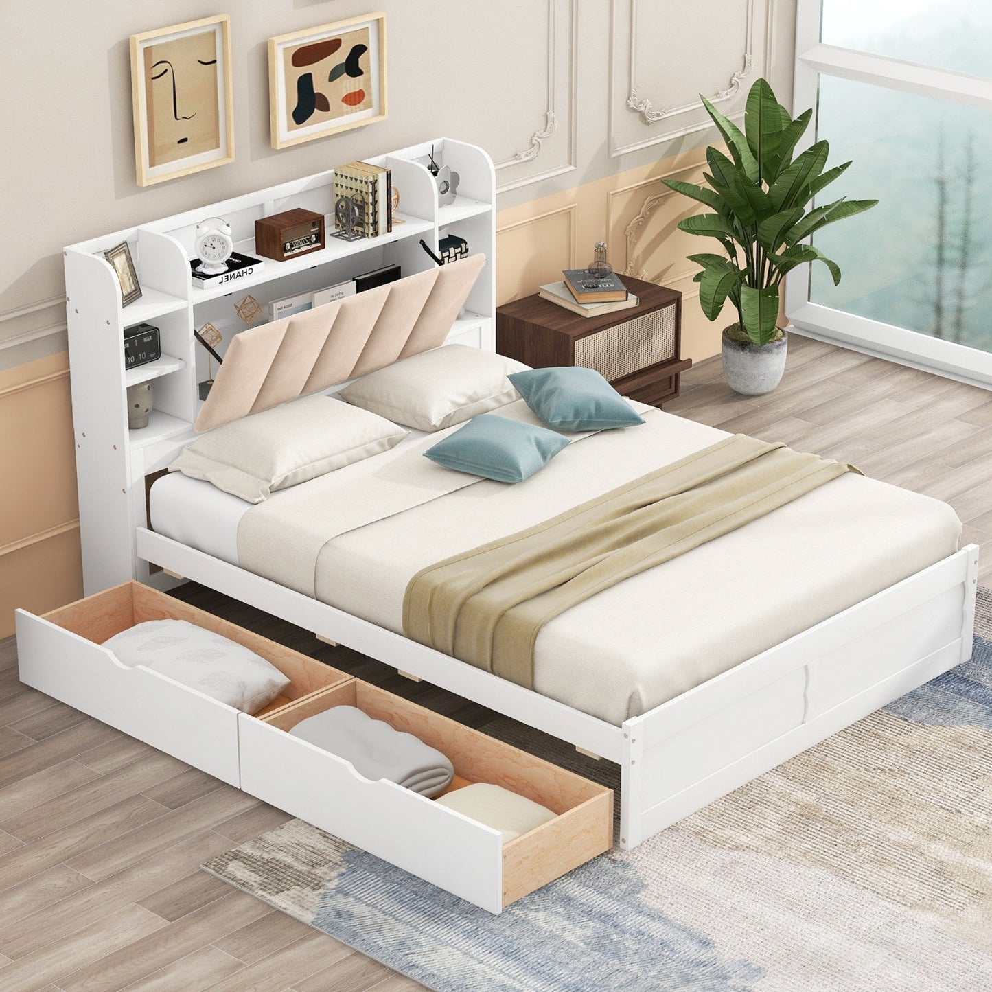 Wood Queen Size Platform Bed with Storage Headboard, Shelves, and 2 Drawers