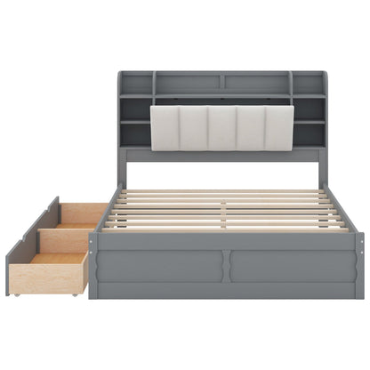 Wood Queen Size Platform Bed with Storage Headboard, Shelves, and 2 Drawers