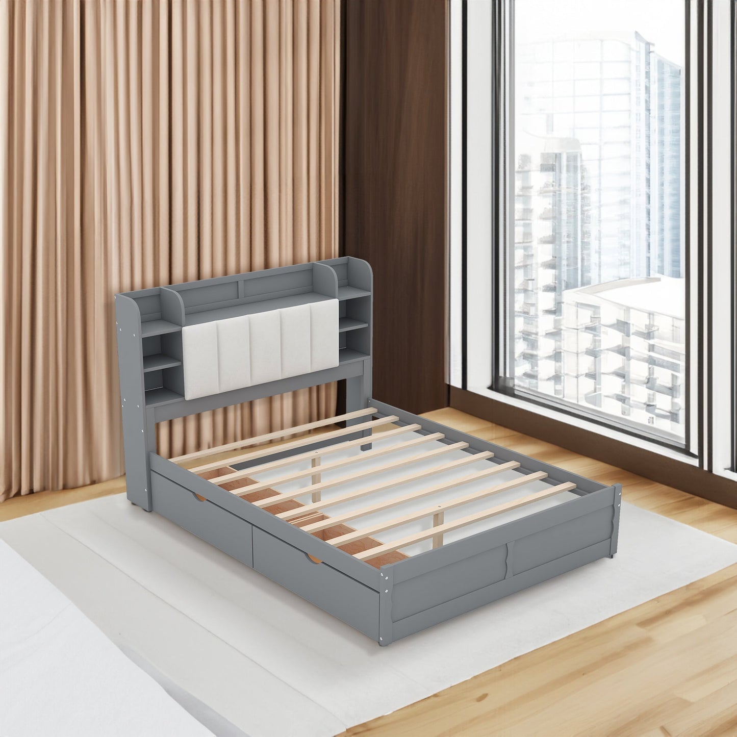 Wood Queen Size Platform Bed with Storage Headboard, Shelves, and 2 Drawers