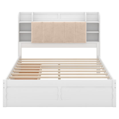 Wood Queen Size Platform Bed with Storage Headboard, Shelves, and 2 Drawers