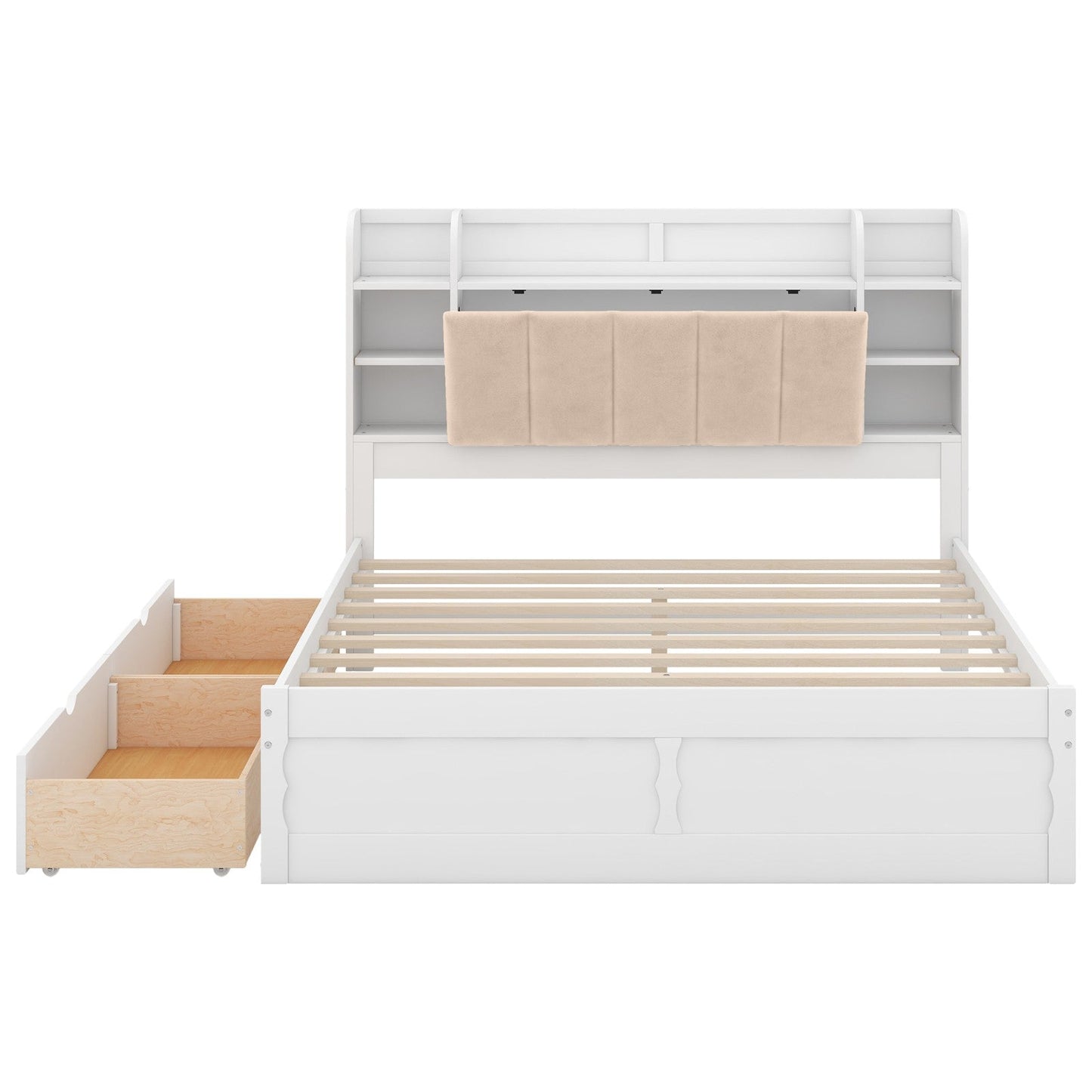 Wood Queen Size Platform Bed with Storage Headboard, Shelves, and 2 Drawers