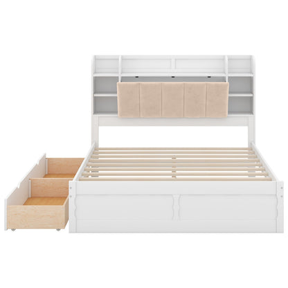 Wood Queen Size Platform Bed with Storage Headboard, Shelves, and 2 Drawers