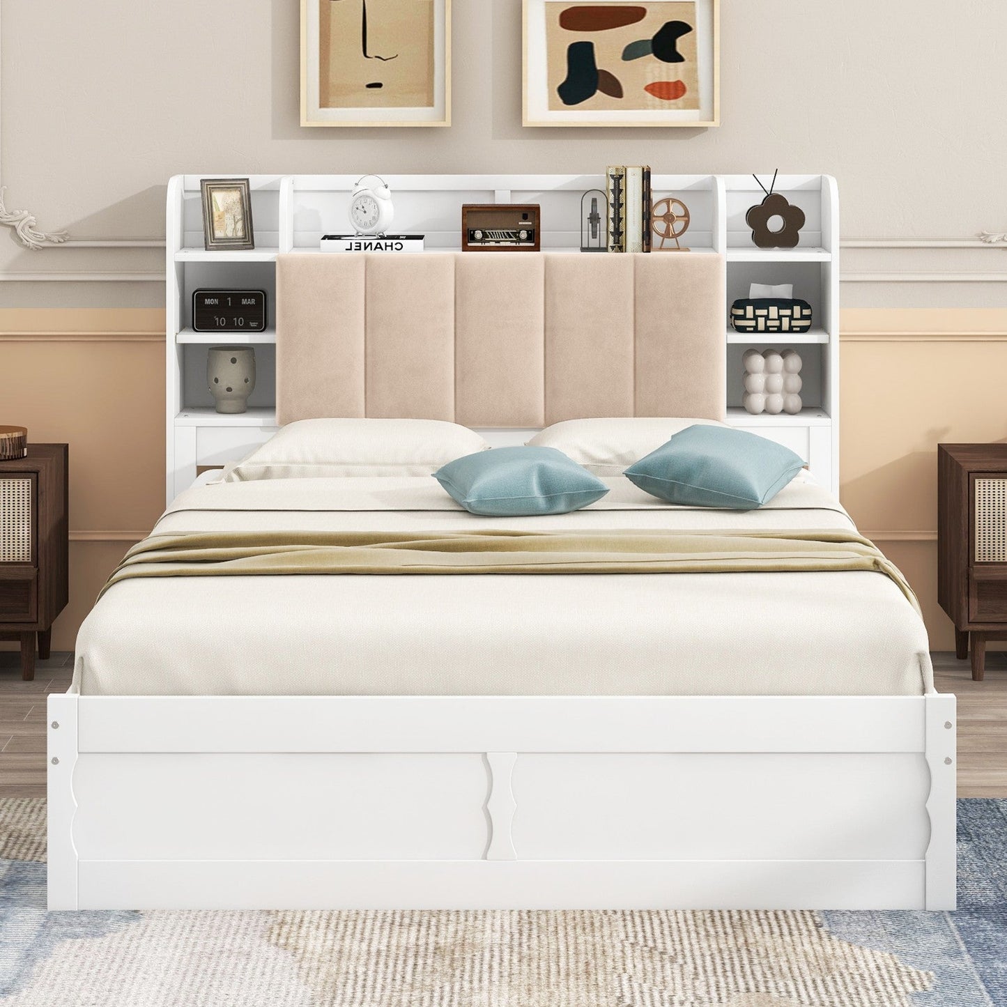 Wood Queen Size Platform Bed with Storage Headboard, Shelves, and 2 Drawers