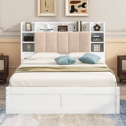 Wood Queen Size Platform Bed with Storage Headboard, Shelves, and 2 Drawers