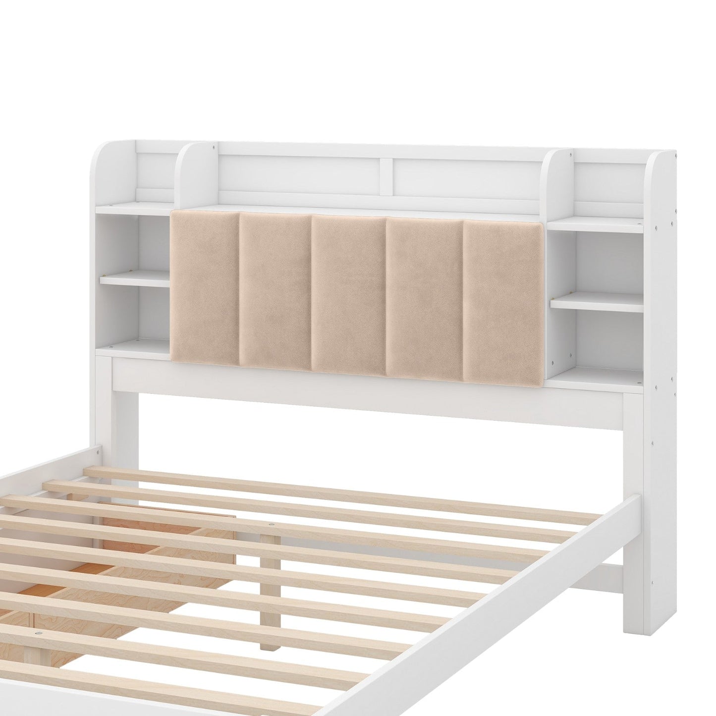 Wood Queen Size Platform Bed with Storage Headboard, Shelves, and 2 Drawers