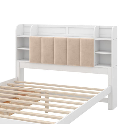 Wood Queen Size Platform Bed with Storage Headboard, Shelves, and 2 Drawers