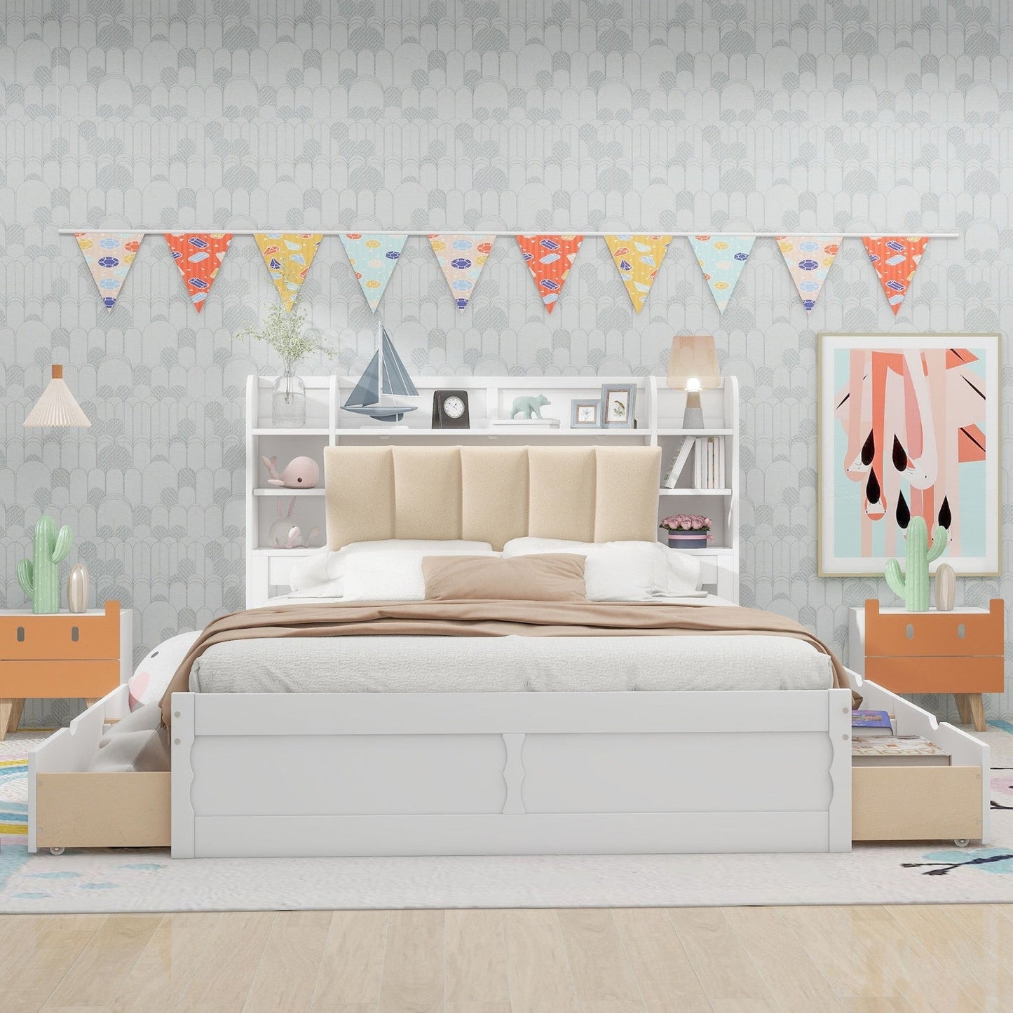 Wood Queen Size Platform Bed with Storage Headboard Shelves and 4 Drawers