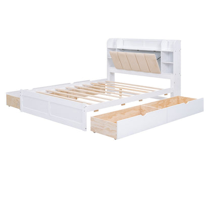 Wood Queen Size Platform Bed with Storage Headboard Shelves and 4 Drawers