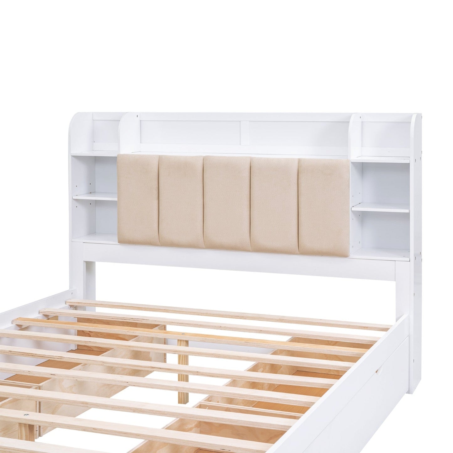 Wood Queen Size Platform Bed with Storage Headboard Shelves and 4 Drawers
