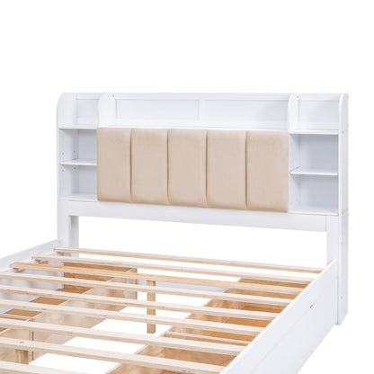 Wood Queen Size Platform Bed with Storage Headboard Shelves and 4 Drawers
