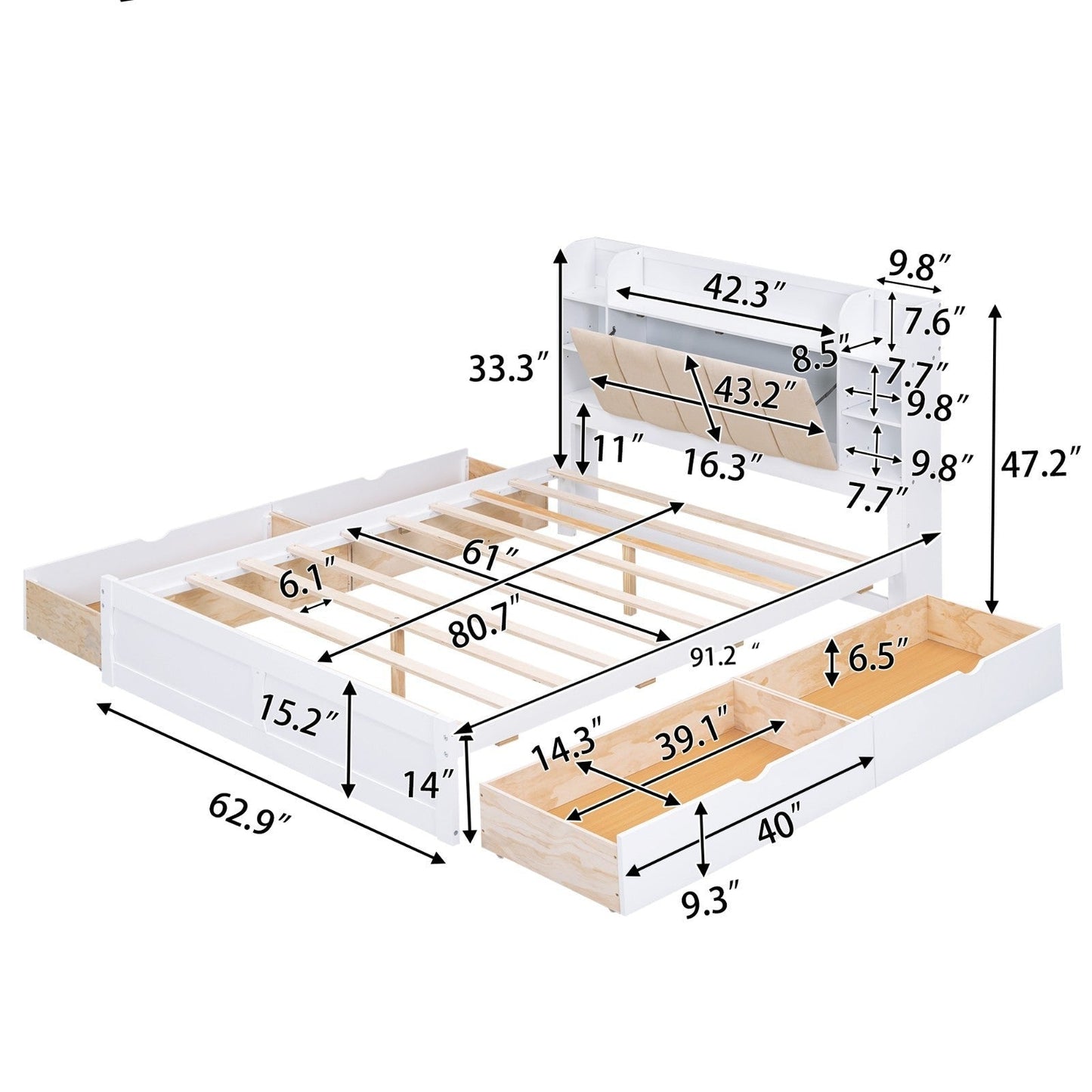 Wood Queen Size Platform Bed with Storage Headboard Shelves and 4 Drawers