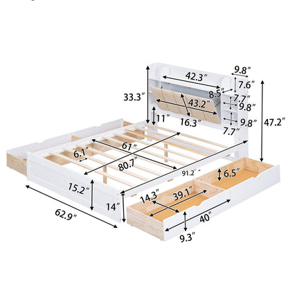 Wood Queen Size Platform Bed with Storage Headboard Shelves and 4 Drawers