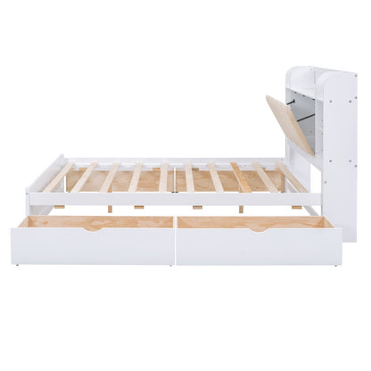 Wood Queen Size Platform Bed with Storage Headboard Shelves and 4 Drawers