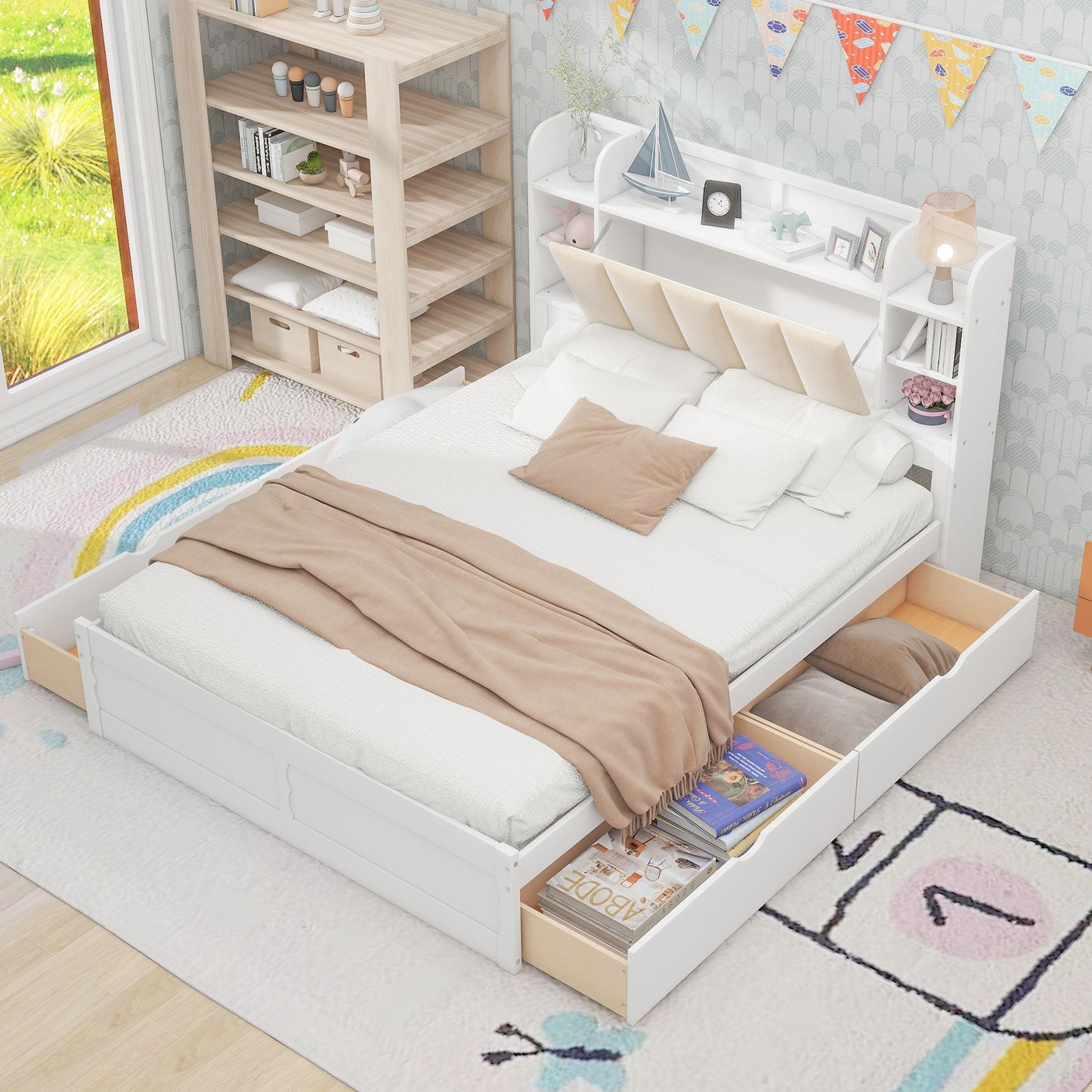 Wood Queen Size Platform Bed with Storage Headboard Shelves and 4 Drawers