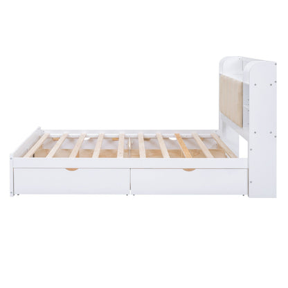 Wood Queen Size Platform Bed with Storage Headboard Shelves and 4 Drawers