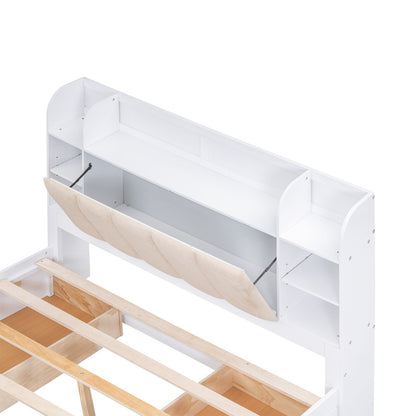 Wood Queen Size Platform Bed with Storage Headboard Shelves and 4 Drawers