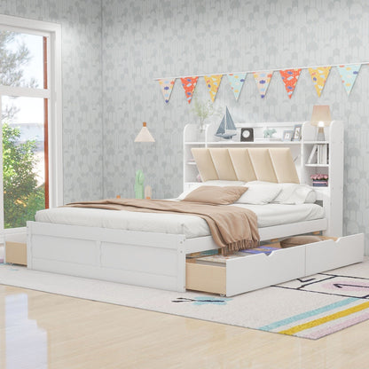 Wood Queen Size Platform Bed with Storage Headboard Shelves and 4 Drawers