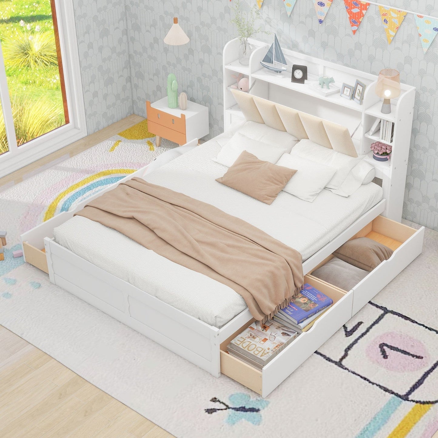 Wood Queen Size Platform Bed with Storage Headboard Shelves and 4 Drawers