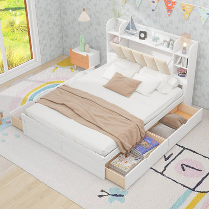 Wood Queen Size Platform Bed with Storage Headboard Shelves and 4 Drawers