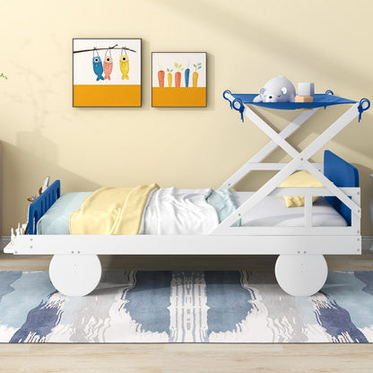 Wood Twin-Size Car Bed with Ceiling Cloth, Headboard, and Footboard