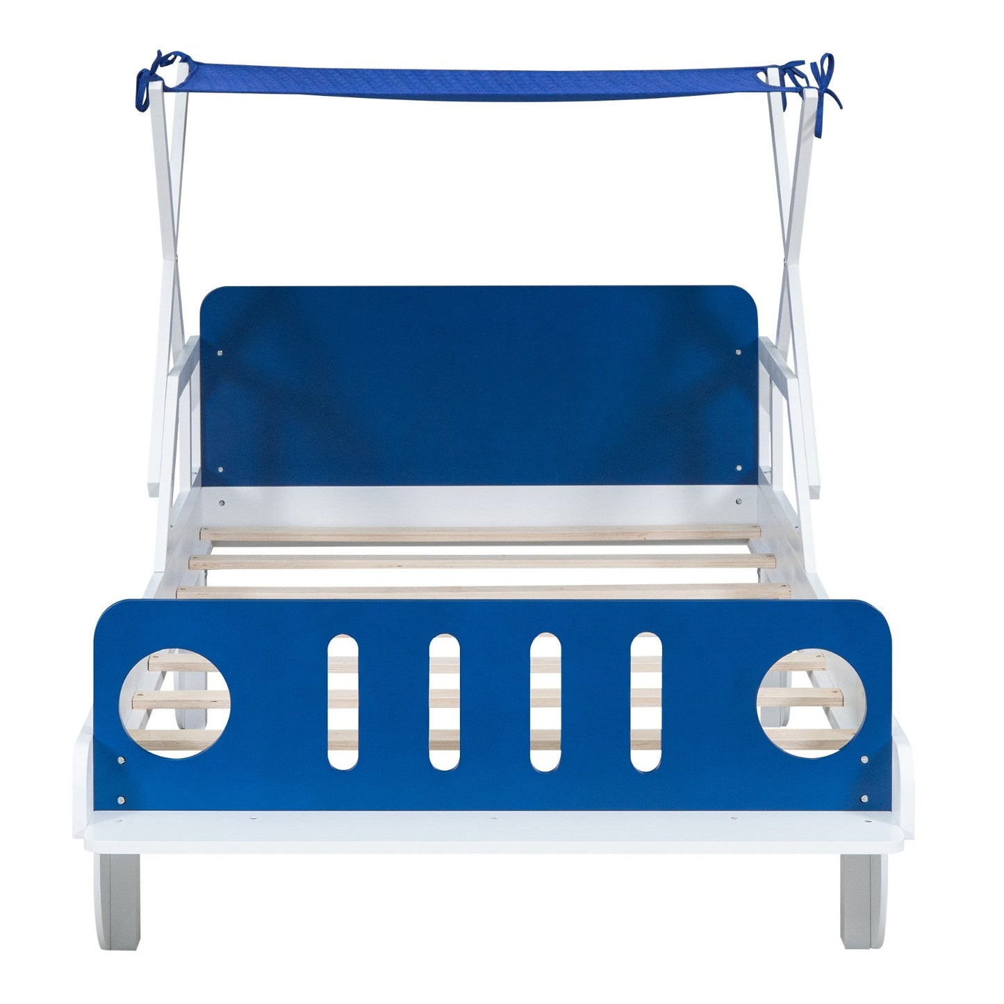 Wood Twin-Size Car Bed with Ceiling Cloth, Headboard, and Footboard