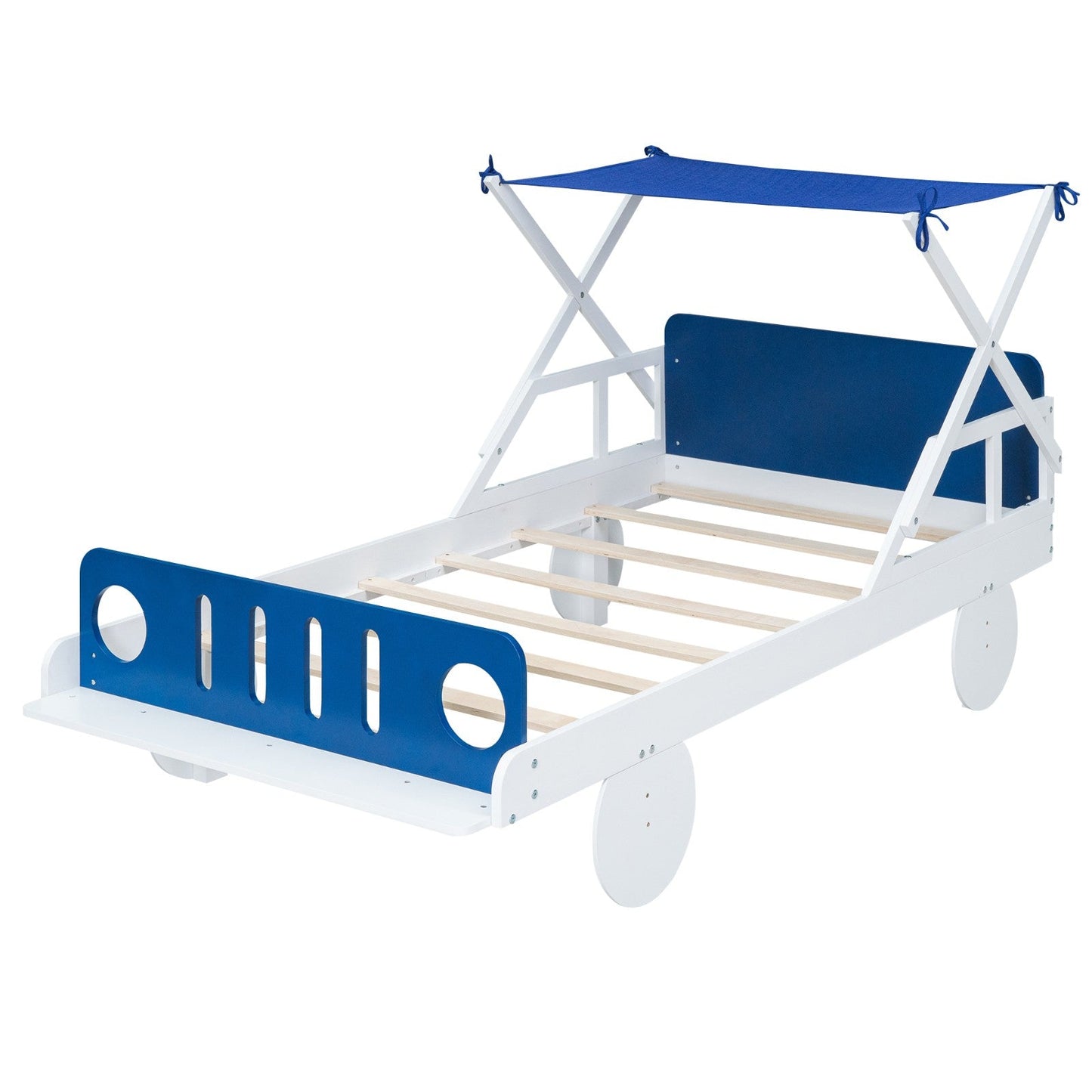 Wood Twin-Size Car Bed with Ceiling Cloth, Headboard, and Footboard