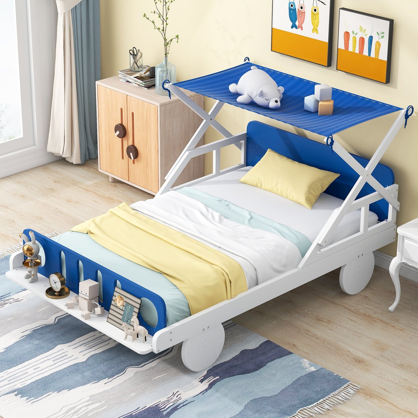 Wood Twin-Size Car Bed with Ceiling Cloth, Headboard, and Footboard