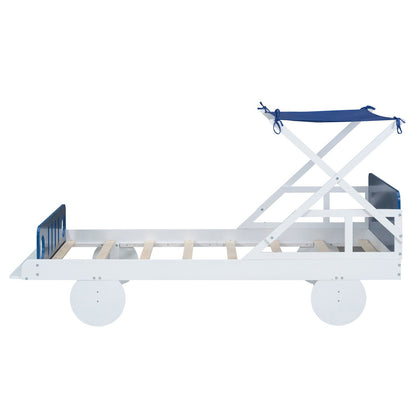 Wood Twin-Size Car Bed with Ceiling Cloth, Headboard, and Footboard