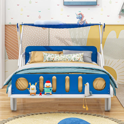 Wood Twin-Size Car Bed with Ceiling Cloth, Headboard, and Footboard