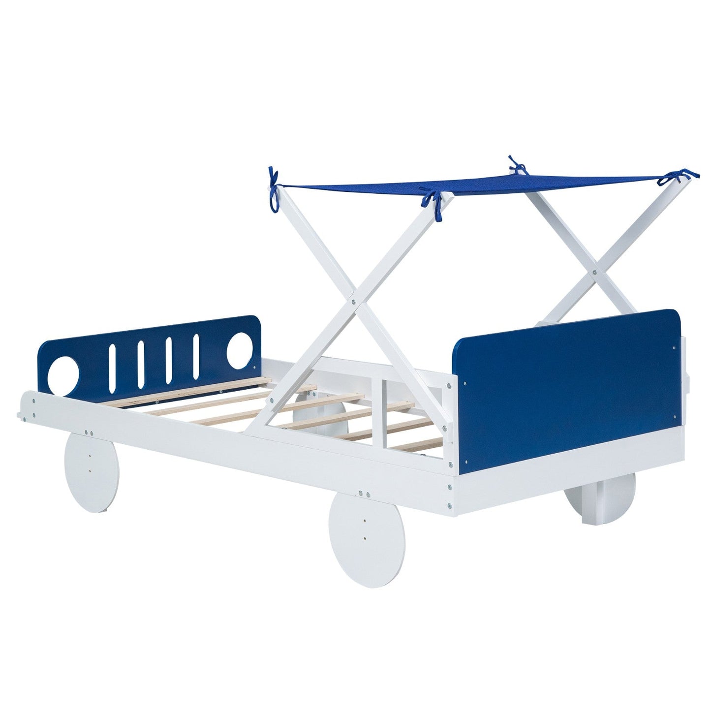 Wood Twin-Size Car Bed with Ceiling Cloth, Headboard, and Footboard