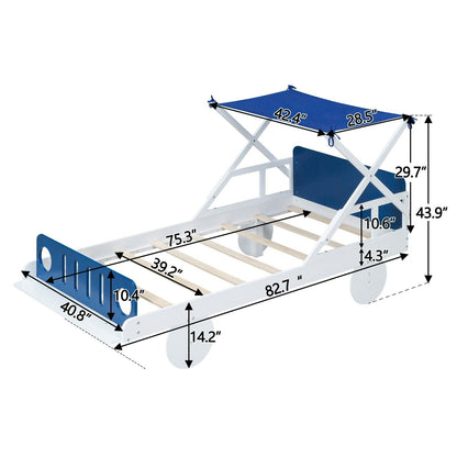 Wood Twin-Size Car Bed with Ceiling Cloth, Headboard, and Footboard