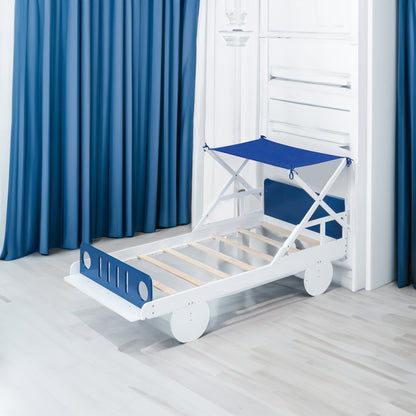Wood Twin-Size Car Bed with Ceiling Cloth, Headboard, and Footboard
