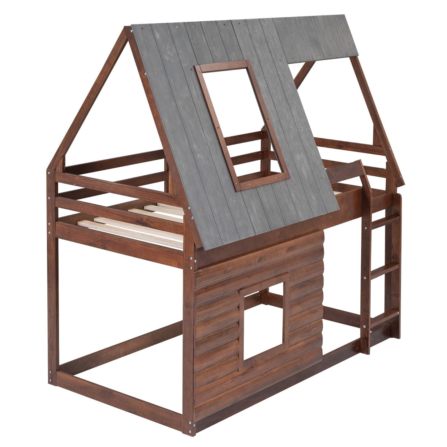 Wood Twin Size House Bunk Bed with Roof, Ladder and 2 Windows