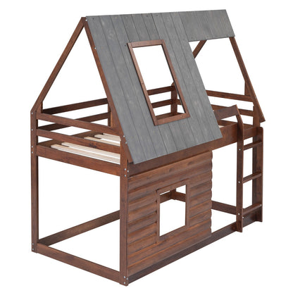 Wood Twin Size House Bunk Bed with Roof, Ladder and 2 Windows